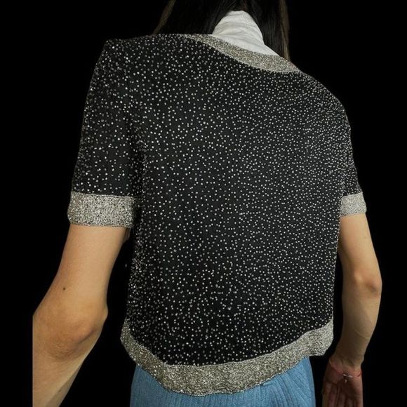 Beaded Blazer Vintage Sequin Bolero Jacket Short Sleeve Silk Coat - Picture 2 of 4